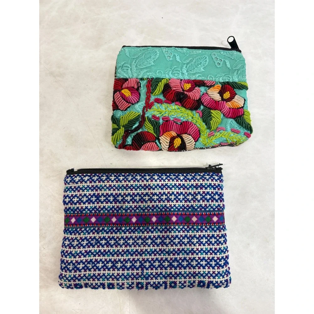 Mexican Handcrafted Embroidered Floral & Geometric Cotton Coin Purse Pouch Set 2
